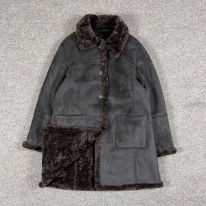 Brown Faux Suede Reversible Shearling Lined Winter Coat Button Front Women’s L